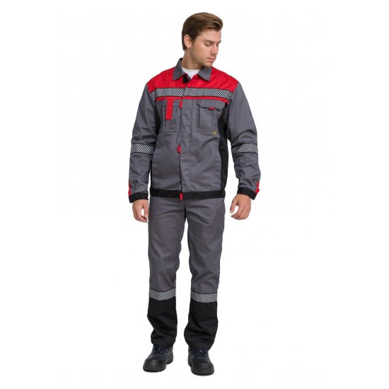 Комплект рабочей спецодежды Pentalab Костюм мужской "ХАЙТЕК" (куртка/полукомбинезон) т.серый/красный/черный